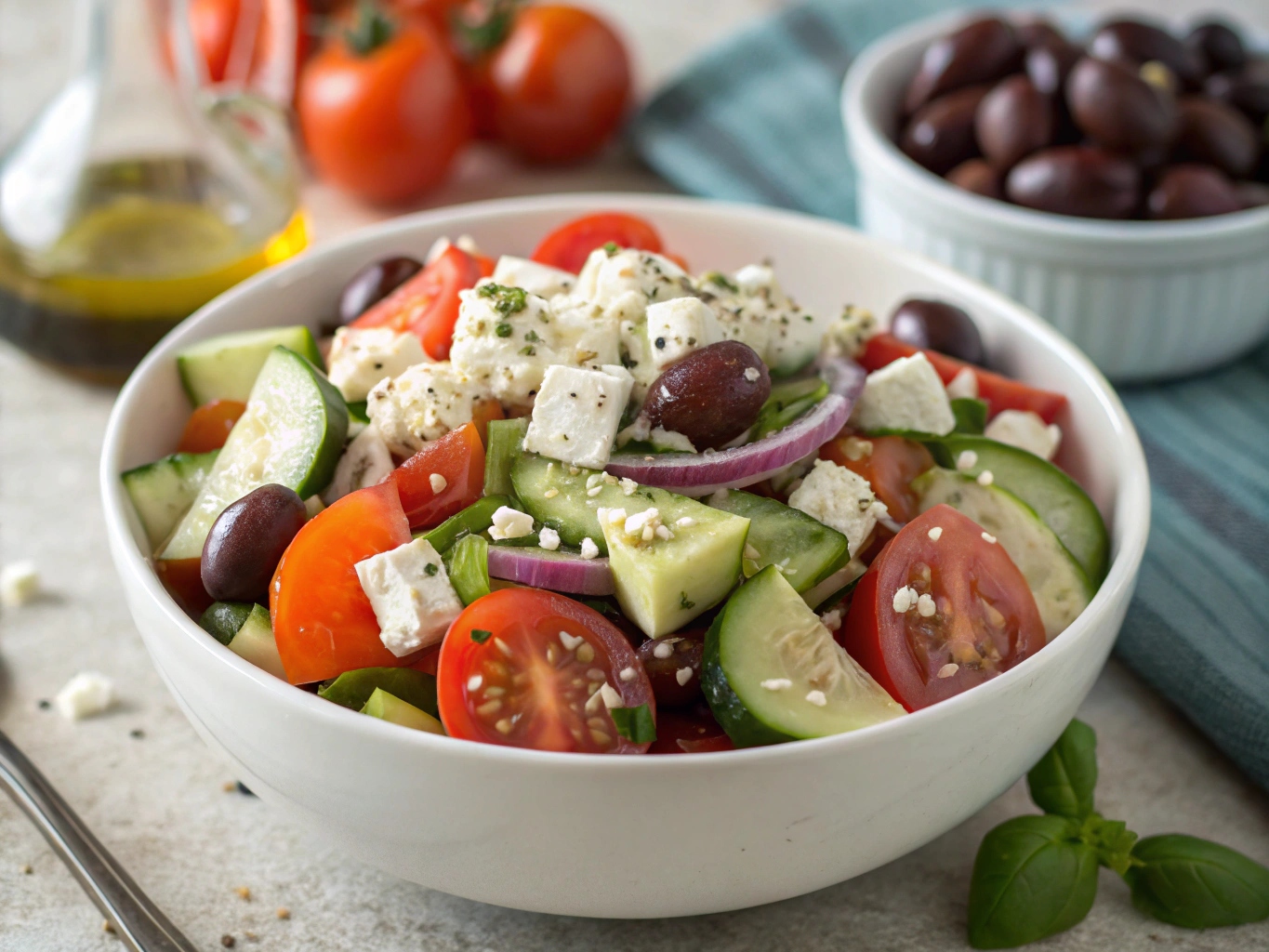 Griekse salade met feta, tomaten, komkommer en olijven