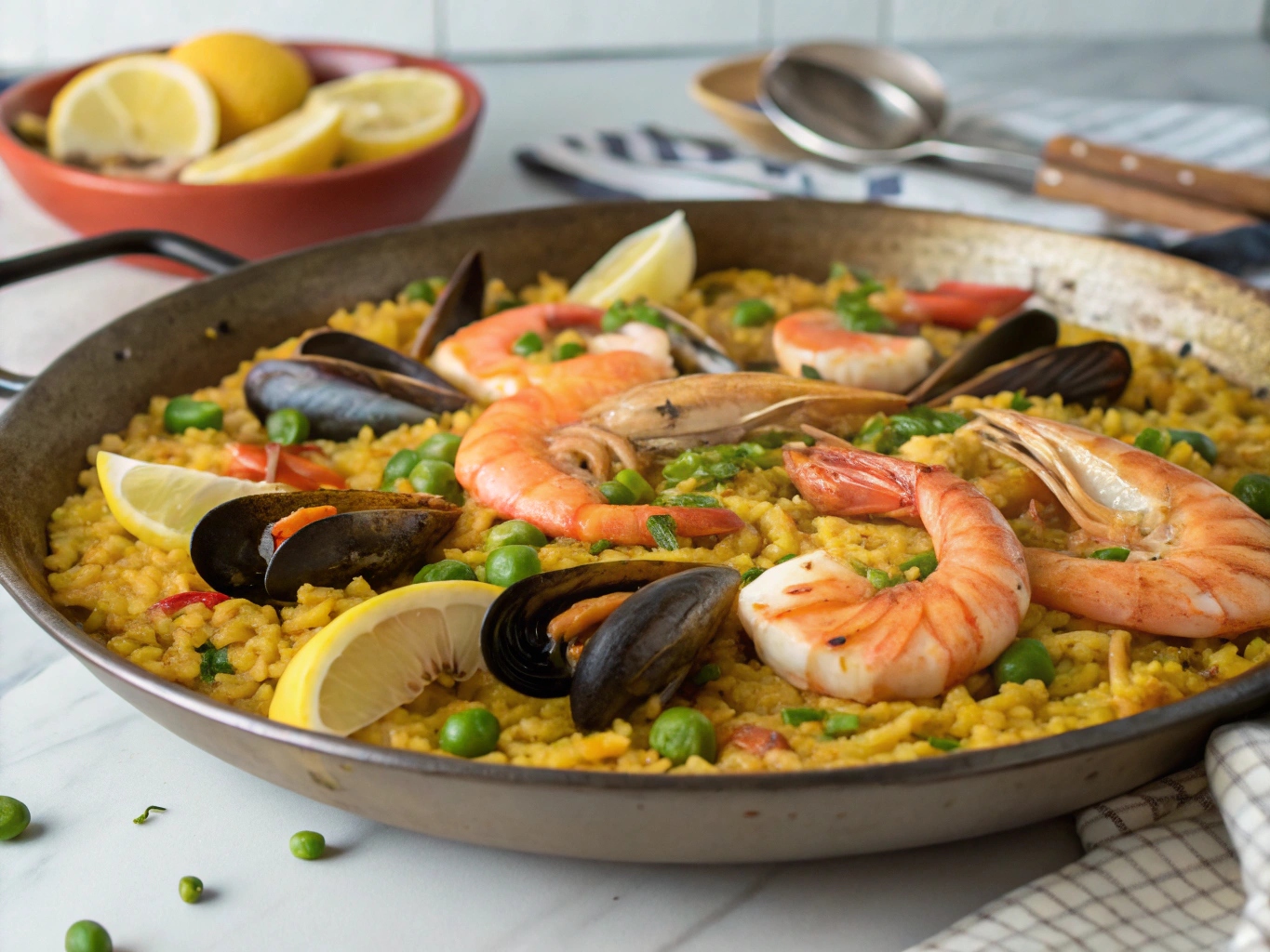Spaanse paella met zeevruchten en saffraanrijst