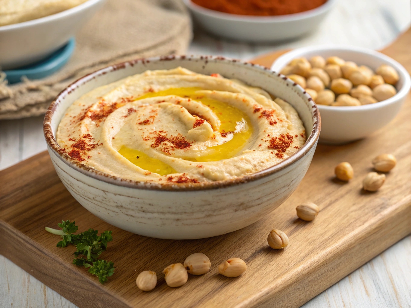 Zelfgemaakte hummus met olijfolie en paprikapoeder